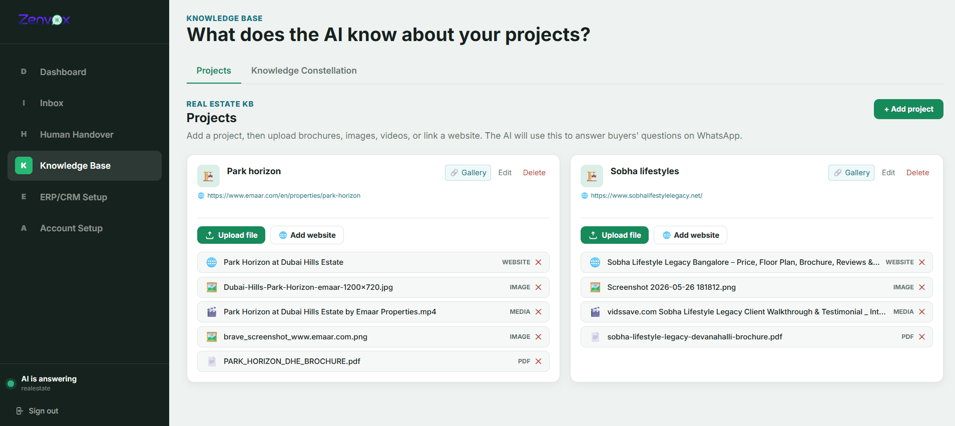 Zenvox knowledge base showing Park Horizon and Sobha Lifestyle project files, including uploaded brochures, images, videos, and linked websites