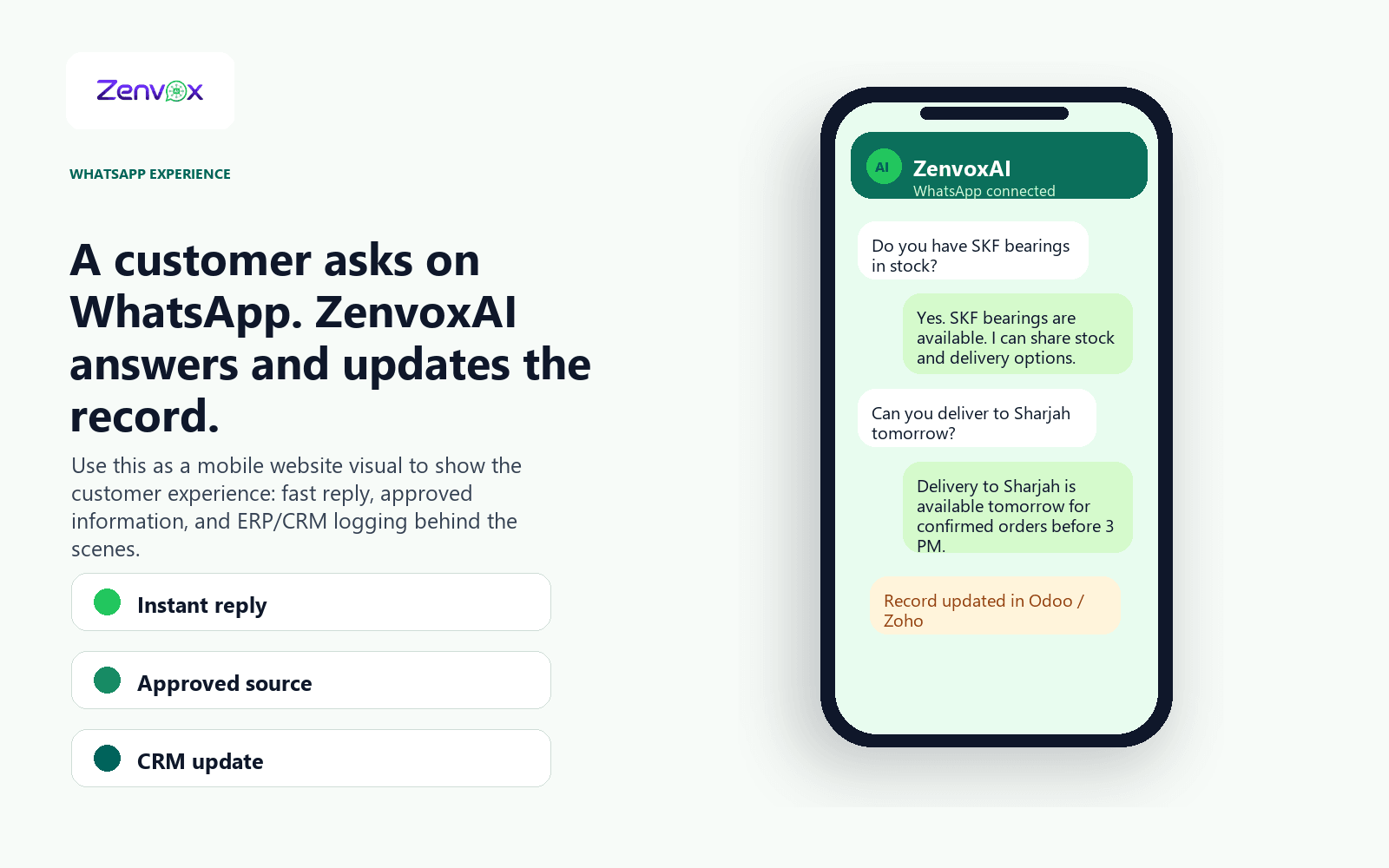 WhatsApp conversation showing Zenvox answering a stock and delivery question, then logging the update in Odoo or Zoho