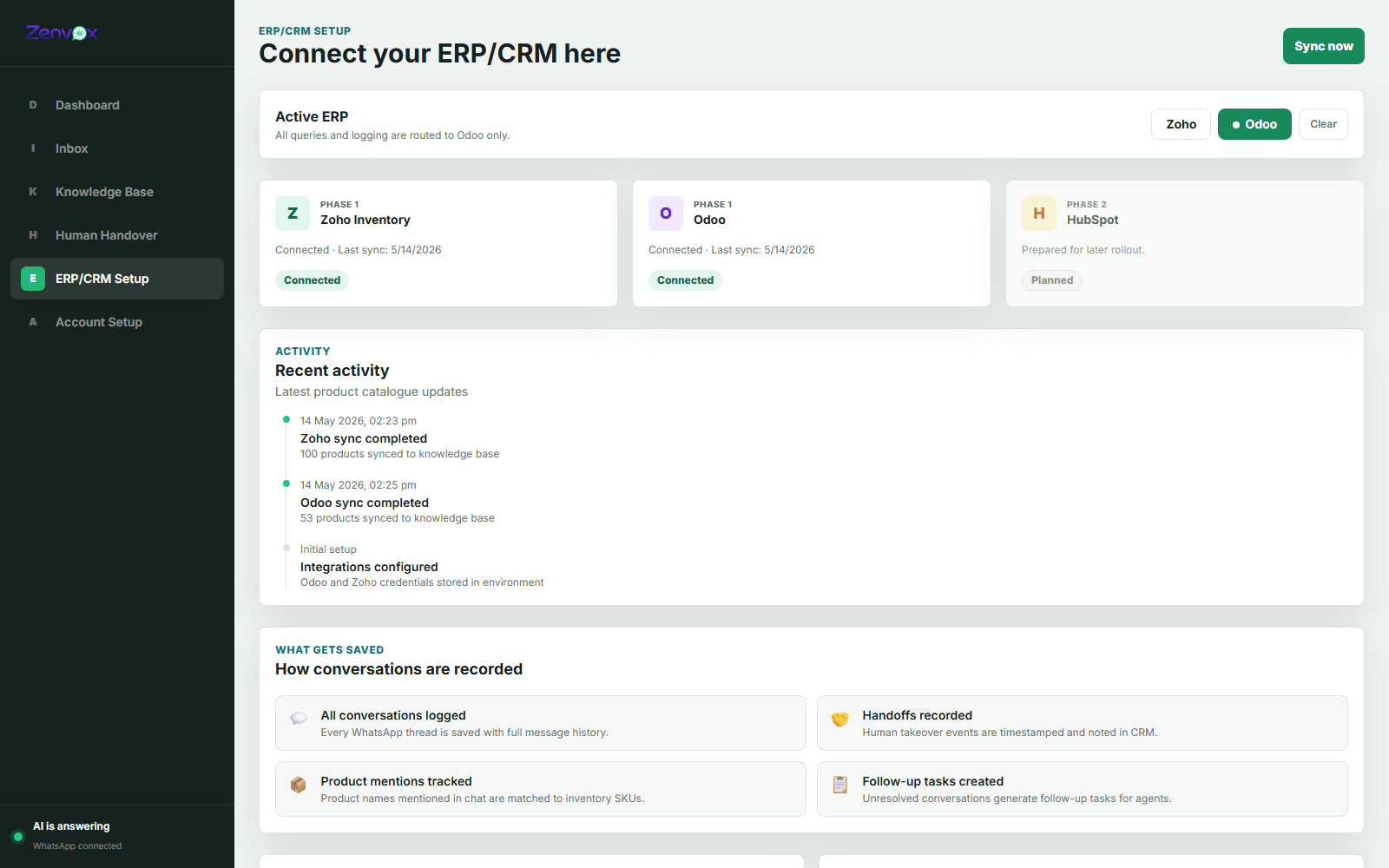 Zenvox ERP/CRM Setup screen showing Zoho Inventory and Odoo connected, with HubSpot planned for later rollout