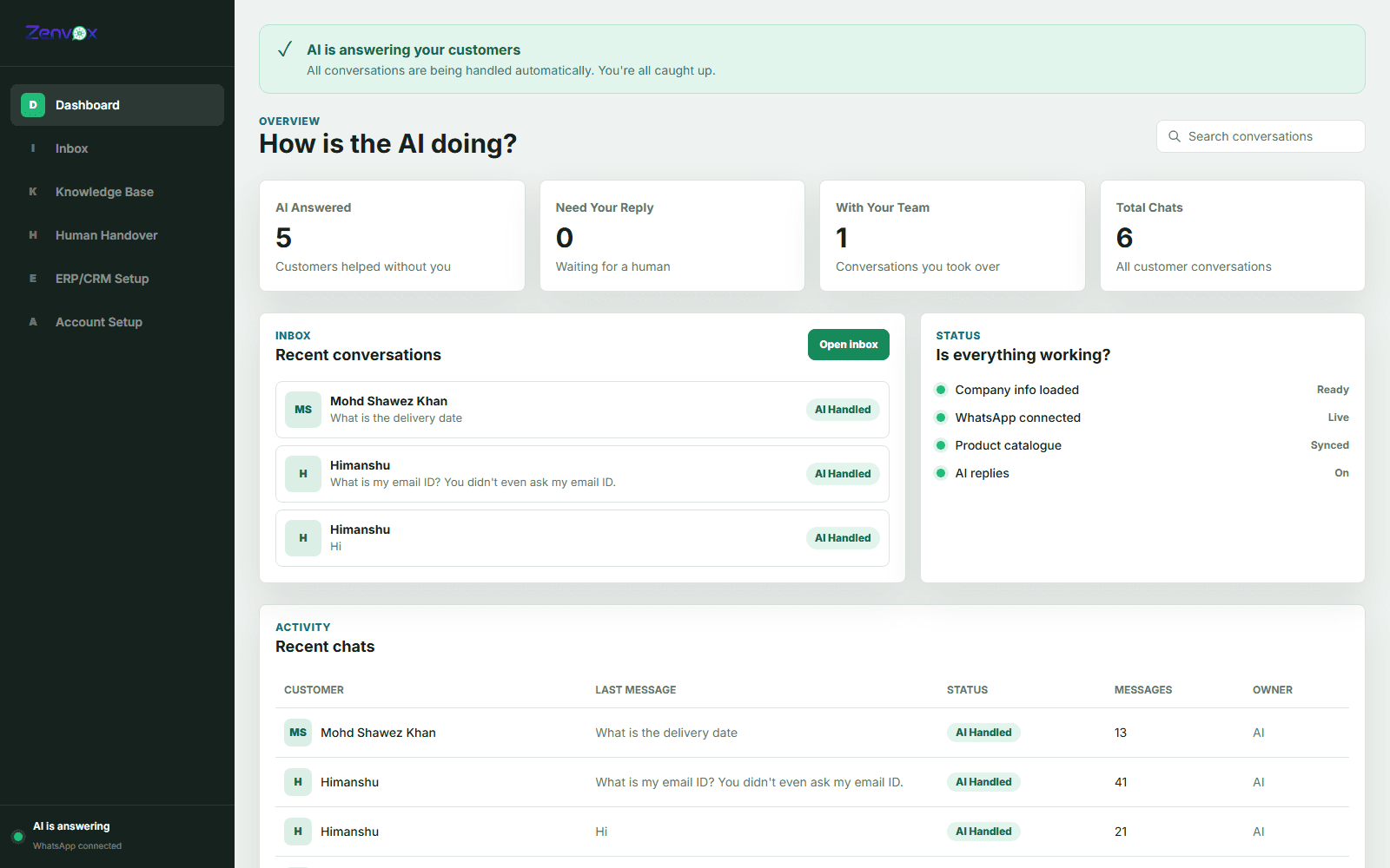 Zenvox dashboard showing AI-answered WhatsApp conversations, recent chats, and system status