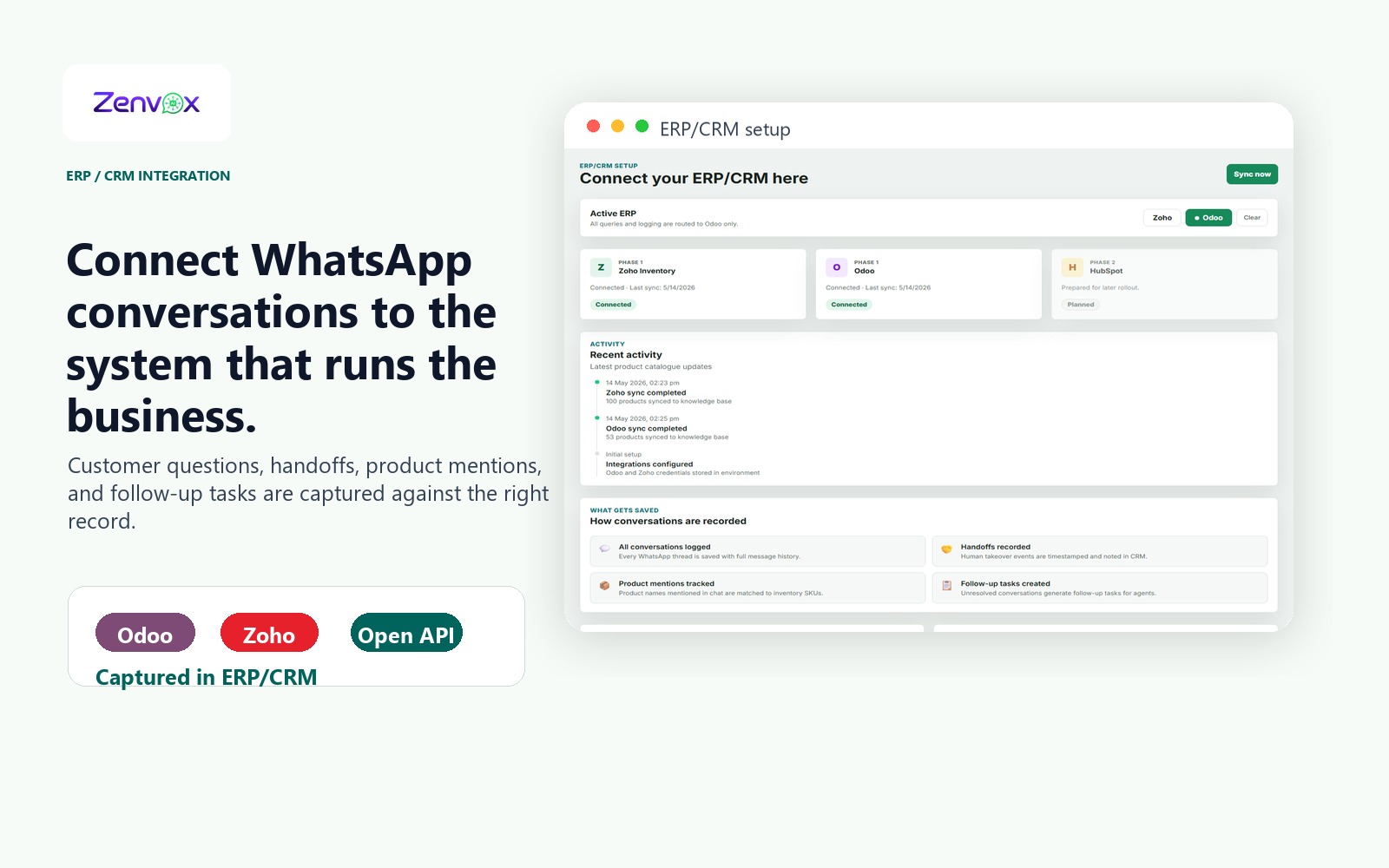 Zenvox ERP CRM setup screen showing Zoho and Odoo connected with sync activity and record logging